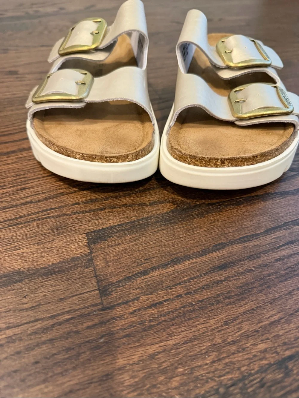 Metallic Double-Buckle Slide Sandals with Gold Buckles